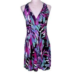 Women’s Y2K Tropical Abstract Dress Halter Wrap Resort Cruise Vacation Sz 6